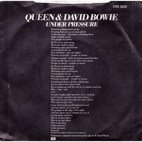 Under Pressure Lyrics by David Bowie from the The Platinum Collection, Vol. 1-3 album- including song video, artist biography, translations and more: Mm ba ba de Um bum ba de Um bu bu bum da de Pressure pushing down on me Pressing down on you no man ask for Under …